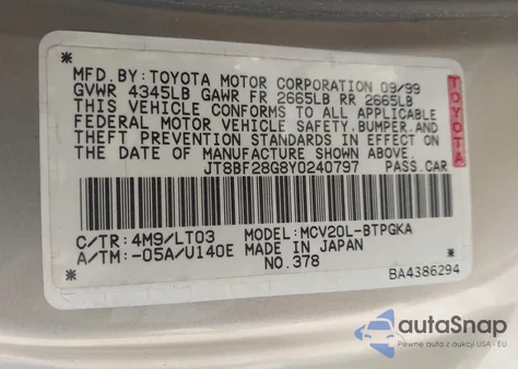 2000 Lexus Es 300 из США, поврежденный, VIN JT8BF28G8Y0240797